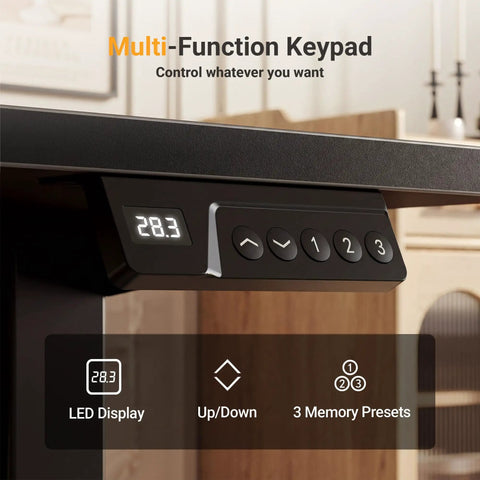 Close-up of 32 Inch Electric Standing Desk with LED keypad showing height and memory presets, black frame, black top.