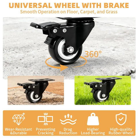 Universal swivel wheel with brake showing 360-degree rotation for Heavy Duty Folding Chair Cart With Swivel Wheels For Effortless Transport.