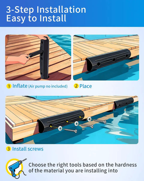 3-step installation guide for Rig Ready Ultra Heavy Hitter 17 Inch Horizontal Dock Fenders Marine Grade Inflatable Bumpers.