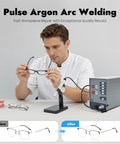 Man using Dope Pulse Arc Jewelry Welder 110V With 50-600A Adjustable Current for precise repair of eyeglass frames, detailed view.