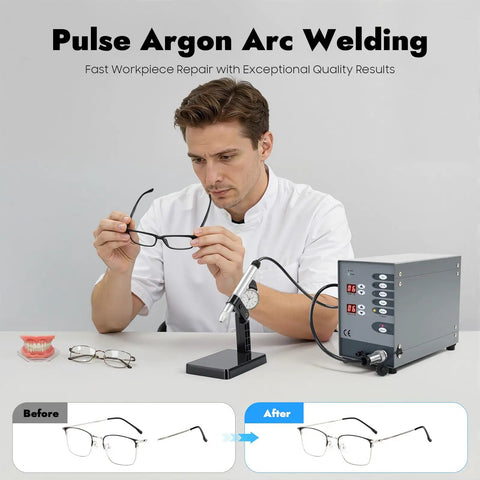 Man using Dope Pulse Arc Jewelry Welder 110V With 50-600A Adjustable Current for precise repair of eyeglass frames, detailed view.