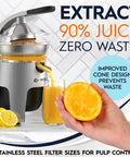 Eurolux 300W Industrial Strength Stainless Steel Electric Citrus Juicer Squeezer with a glass of fresh juice and cut orange, showing dual pulp filters.