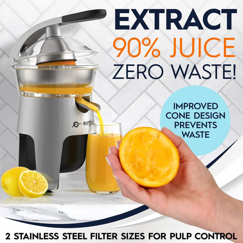 Eurolux 300W Industrial Strength Stainless Steel Electric Citrus Juicer Squeezer with a glass of fresh juice and cut orange, showing dual pulp filters.