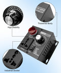 AC Motor Variable Speed Controller for Routers and Fans, SCR Voltage Regulator 120V-220V with dial, robust body, and industrial socket.