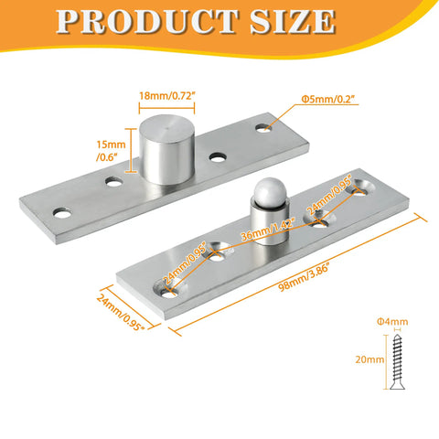 Slick Running 4 Inch Pivot Hinges For Hidden Doors, Concealed Stainless Steel Hardware In Brushed Finish Pair, detailed measurements shown.