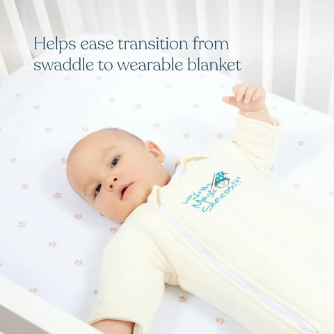Baby wearing Cozy Cotton Baby Swaddle Transition Sack With Double Zipper For Easy Diaper Changes Safe Back Sleep 3 To 6 Months