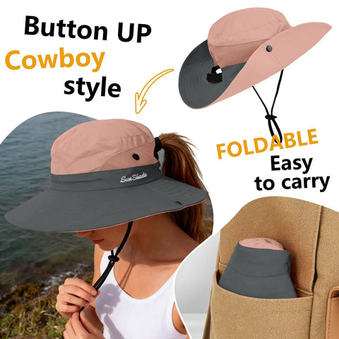 Women's Ponytail Safari Sun Hat With Wide Brim And UV 50 Protection Foldable Outdoor Bucket Style shown with ponytail hole