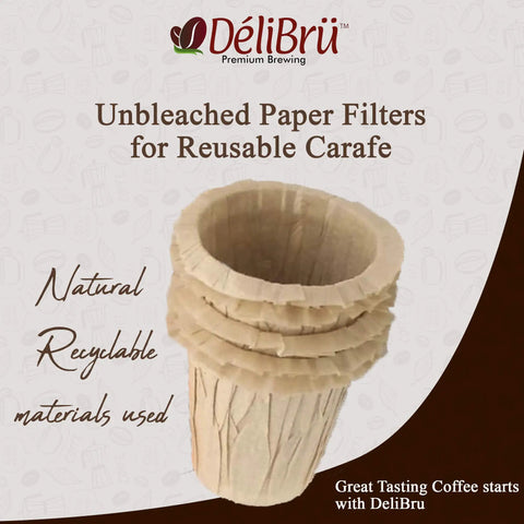 Stack of unbleached paper filters for reusable carafe fits all brands 100 count box compostable and disposable for coffee or tea