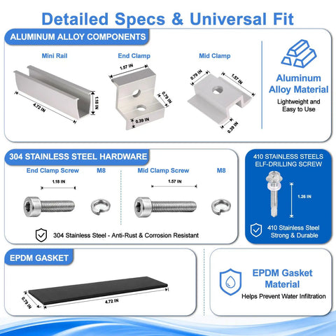 Detailed specs of Kickass Heavy Duty Anodized Aluminum Solar Panel Roof Mount Hardware Kit, including clamps and screws.