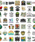 50 Piece Waterproof Geocaching Stickers Pack Vinyl Decals For Water Bottles Laptops Luggage Bicycles Skateboards Computers And More Rad Adventure Gear Decor displayed in various designs.