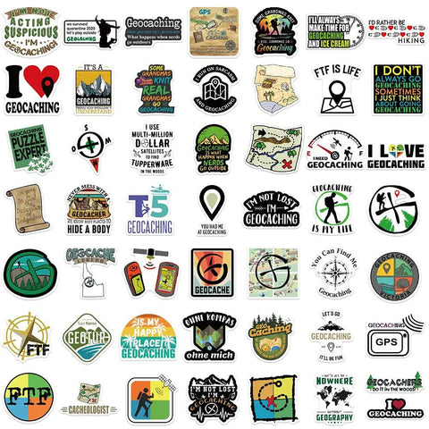 50 Piece Waterproof Geocaching Stickers Pack Vinyl Decals For Water Bottles Laptops Luggage Bicycles Skateboards Computers And More Rad Adventure Gear Decor displayed in various designs.