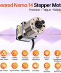 Geared Nema 14 Stepper Motor With Integrated Planetary Gearbox 50.9 To 1 Ratio and labeled features on white background