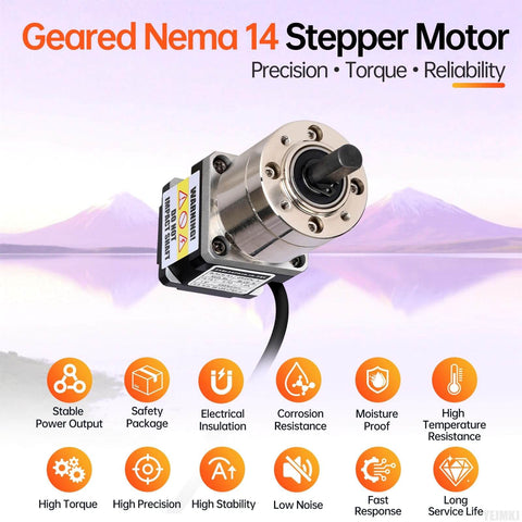 Geared Nema 14 Stepper Motor With Integrated Planetary Gearbox 50.9 To 1 Ratio and labeled features on white background