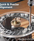 Clear Acrylic Router Base Plate With Centering Pin And Predrilled Letter Marked Holes Six And A Half Inch By Five Sixteenths Inch Thick Includes Screws Ready To Install Fits Bosch Dewalt Ryobi Porter Cable Makita And More displaying alignment features.