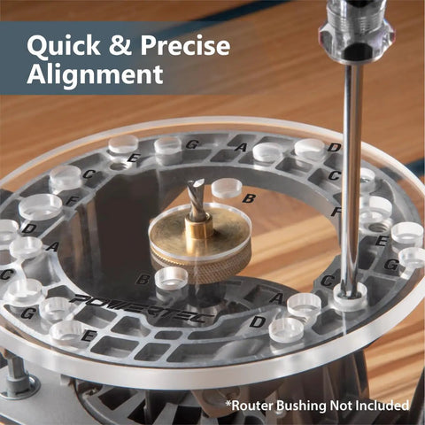 Clear Acrylic Router Base Plate With Centering Pin And Predrilled Letter Marked Holes Six And A Half Inch By Five Sixteenths Inch Thick Includes Screws Ready To Install Fits Bosch Dewalt Ryobi Porter Cable Makita And More displaying alignment features.