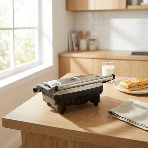 Elite Gourmet EPN-2976 2-in-1 Panini Press & Indoor Grill made from durable stainless steel on kitchen table.