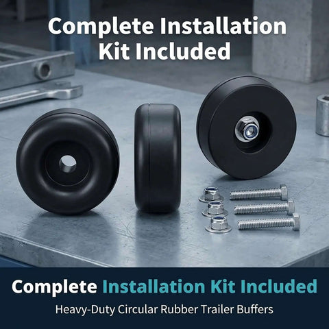 Heavy Duty 2.5 Inch Ramp Door Rubber Bumpers For Trailers With Screw And Washer Kits, High Density Durable Pads To Protect Trailer Backs From Harsh Weather Damage And Wear And Tear. kit with rubber bumpers, bolts, nuts, and washers