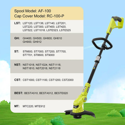 Green Black+Decker string trimmer shown on grass with specs for various models, compatible with 10 Pack 0.065 Inch Weed Eater String Refills.