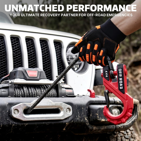 Three-Eighths Inch Heavy Duty Winch Hook With Safety Latch, 45,000 Lbs Break Strength, attached to winch of off-road vehicle