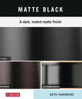 Color swatches of matte black, venetian bronze, and oil-rubbed bronze finishes for bath hardware.