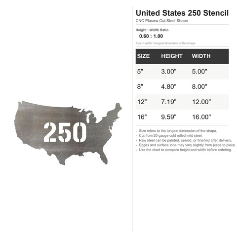 US 250 Stencil Steel Cutout Raw Metal Wall Art for Craft Projects 16 Inch CNC Plasma Cut Steel Shape with size chart