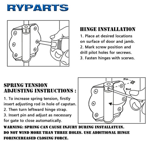 Tough As Nails Black Self Closing Screen Door Hinge Set 2-3/4 Spring Steel Hinges with installation and adjustment instructions.