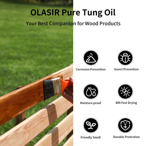 Applying Dead Solid Pure Tung Oil on wood railing with a brush for moisture-proof and corrosion prevention.