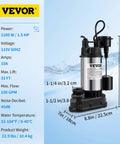 1.5 HP Submersible Sump Pump With 6000 GPH Flow, Cast Iron And Steel Construction, Integrated Vertical Float Switch