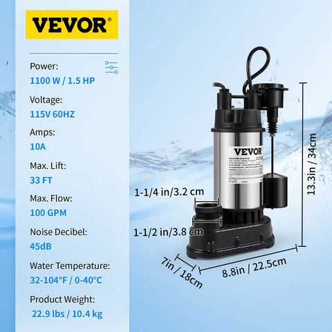 1.5 HP Submersible Sump Pump With 6000 GPH Flow, Cast Iron And Steel Construction, Integrated Vertical Float Switch