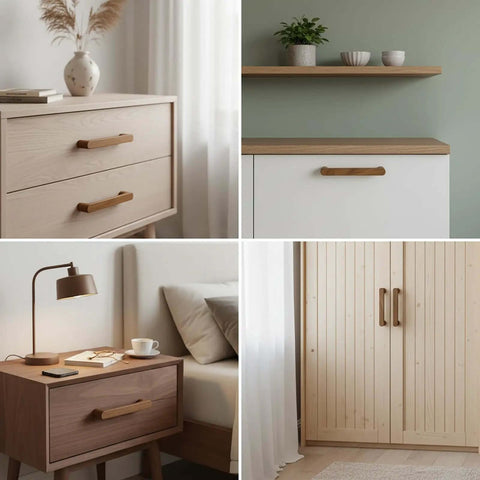 4 styles of 5 Inch Wood Drawer Pulls For Cabinet Walnut Finish 4 Pack With Mounting Screws Easy Install on various furniture