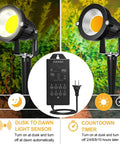 Low Voltage Outdoor Landscape Lighting Kit 10 Pack 5W COB LEDs 500LM Each 12V Waterproof Garden Path Lights With Dusk To Dawn Transformer And 270 Degree Adjustable Heads Warm White showing lights and transformer.