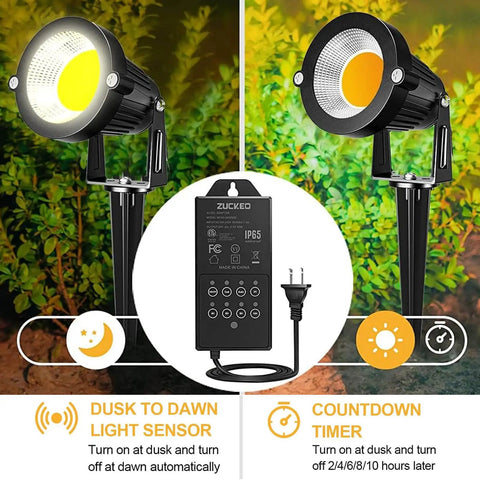 Low Voltage Outdoor Landscape Lighting Kit 10 Pack 5W COB LEDs 500LM Each 12V Waterproof Garden Path Lights With Dusk To Dawn Transformer And 270 Degree Adjustable Heads Warm White showing lights and transformer.