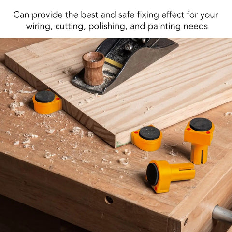 Heavy Duty Three Quarter Inch Aluminum Workbench Dogs Eight Pack With Grippy Pads on a wood surface during use with sawdust visible.
