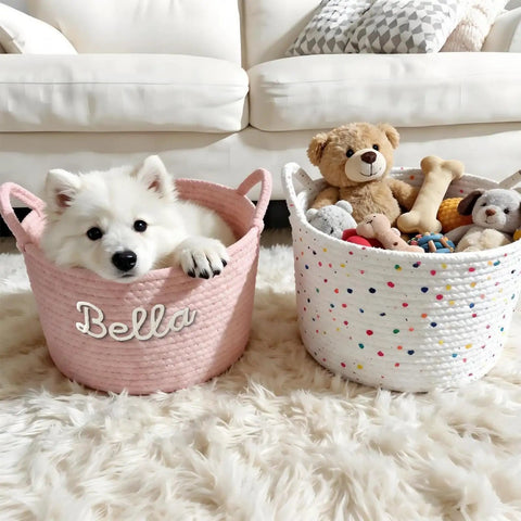 Must Have Personalized Dog Toy Storage Basket With Name Custom Pet Bin in pink and white, featuring a dog and toys on a rug.