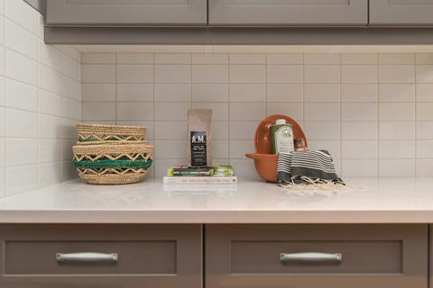 Kitchen countertop with decorative items and drawers with 60 Pack Solid 3-3/4 Inch Cabinet Handles In Brushed Nickel Or Satin Nickel.