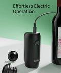 Rechargeable Wine Saver Pump With Vacuum Stopper Set next to wine bottle and stoppers, on green background.
