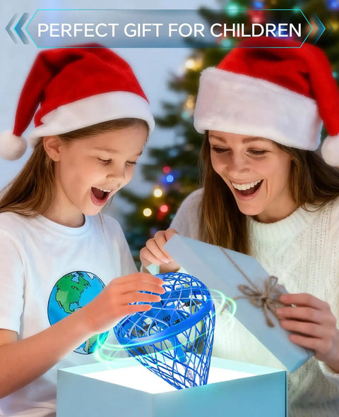 Children opening gift box with Hand Operated Mini Drone Magic Flying Orb Ball With Lights Rechargeable Outdoor Spinner Toy
