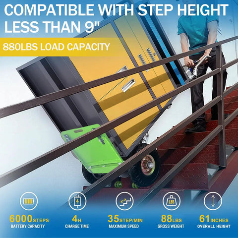 RXFSP Heavy Duty Electric Stair Climbing Hand Truck 880 Lb Capacity With Curved Stair Design, moving up stairs with heavy load.