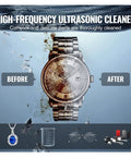 Before and after images of a watch cleaned with Professional 10L Ultrasonic Cleaner 300W 40kHz With Timer & Heater.