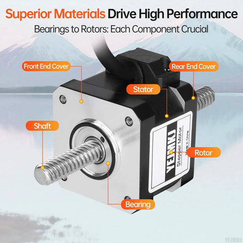 NEMA 17 through-shaft stepper motor, front-side view; metal housing with silver front plate, threaded drive shaft