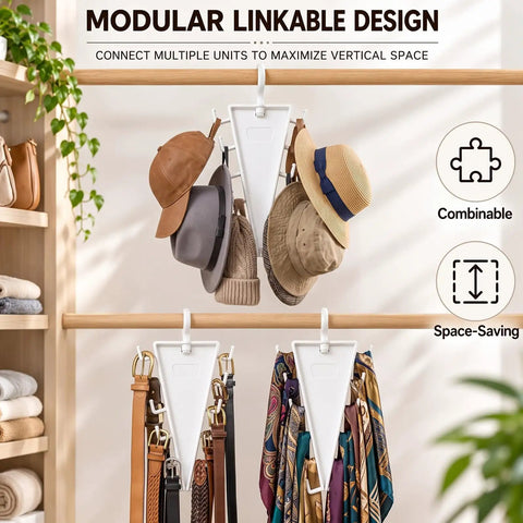 Double Sided Closet Hanger With 360 Degree Slick Spin High Capacity Rotating Rack Featuring Twelve Tangle Free Hooks To Keep Your Favorite Threads On Point And Maximize Storage Space Pack Of Four, displaying hats and belts.