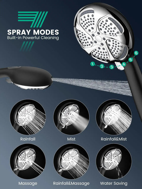 Handheld Shower Head With High Pressure Turbo Power Wash, 7 Modes, Anti Clog Nozzles, Built In Filter System For Hard Water shown