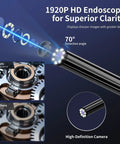 Endoscope Camera With Light 1920P HD Borescope showing lens assembly and clarity comparison with 70° detection angle
