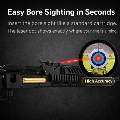 410 Gauge Red Dot Laser Bore Sighter for Rifle Training and Scope Alignment showing accurate targeting on a bullseye