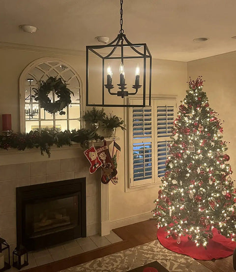 Six Light Black Modern Farmhouse Square Pendant Chandelier For Foyer Hallway Stairway Kitchen Island Dining Living Room 15.75 Inch Wide 22.4 Inch High With 35.4 Inch Chain Length hanging in a holiday-decorated living room with Christmas tree.