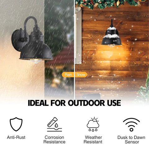 Gooseneck Barn Light With Dusk To Dawn Sensor Outdoor Old School Farmhouse Wall Sconce in rain and snow, black finish