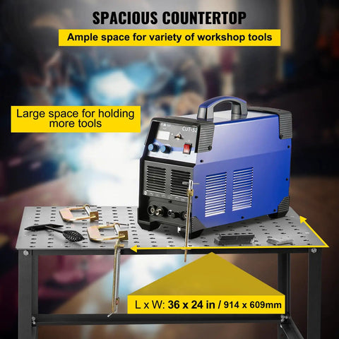Image of Heavy Duty Steel Welding Table And Workbench 36 By 24 Inches with welding machine and clamps, spacious for tools.