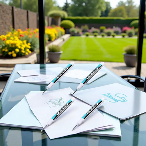 Top Shelf White Permanent Markers Quick Dry Oil Based Ink For Metal Glass Wood Built Tough Industrial And Craft Projects Smooth Writing Long Nozzle Nailed Every Job on a tabletop with sketches in a garden setting.