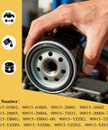 Close-up of hand holding Premium Engine Oil Filter For Toyota And Lexus Cars Replacement 90915 YZZN2 with 6 pack near car engine