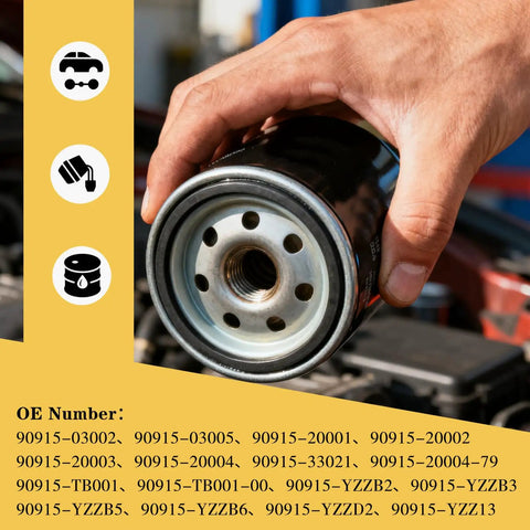 Close-up of hand holding Premium Engine Oil Filter For Toyota And Lexus Cars Replacement 90915 YZZN2 with 6 pack near car engine